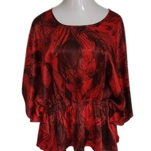 Cato Red Peacock Feather Print Smocked Waist Batwing Blouse 18/20